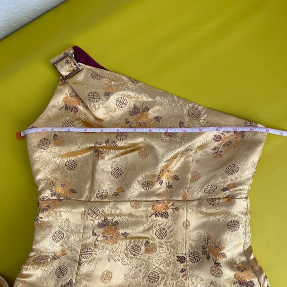 One Shoulder Formal Gown, Gold and Maroon Metallic Floral Brocade, Size 1/3 - Picture 14 of 15